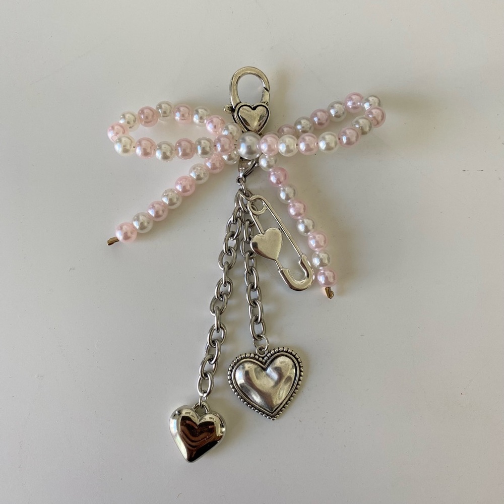 Pearl Bow Heart Charm Keychain - Pink & White Pearls with Silver Hearts